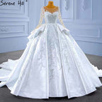 Vestidos de novia musulmanes blancos con volantes y cuentas, 2025, satén de lujo, con cordones, HM67329, hechos a medida 