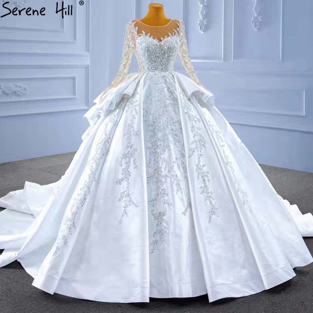 Vestidos de novia musulmanes blancos con volantes y cuentas, 2025, satén de lujo, con cordones, HM67329, hechos a medida 