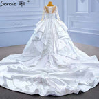 Vestidos de novia musulmanes blancos con volantes y cuentas, 2025, satén de lujo, con cordones, HM67329, hechos a medida 