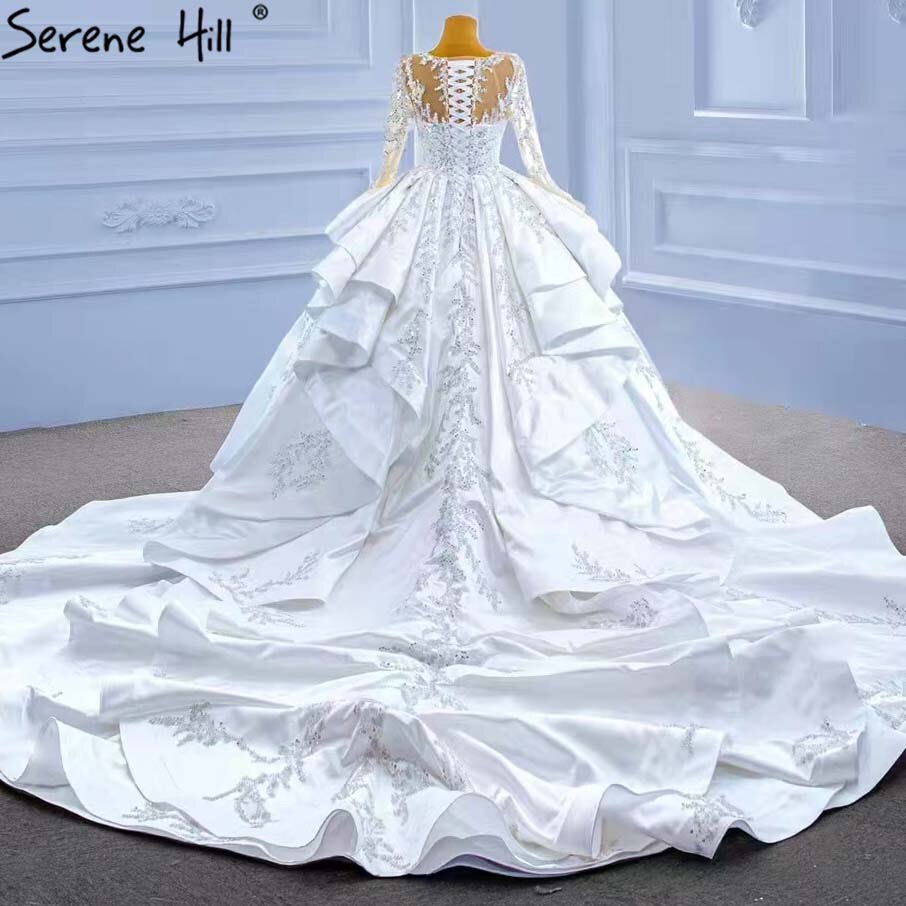 Vestidos de novia musulmanes blancos con volantes y cuentas, 2025, satén de lujo, con cordones, HM67329, hechos a medida 