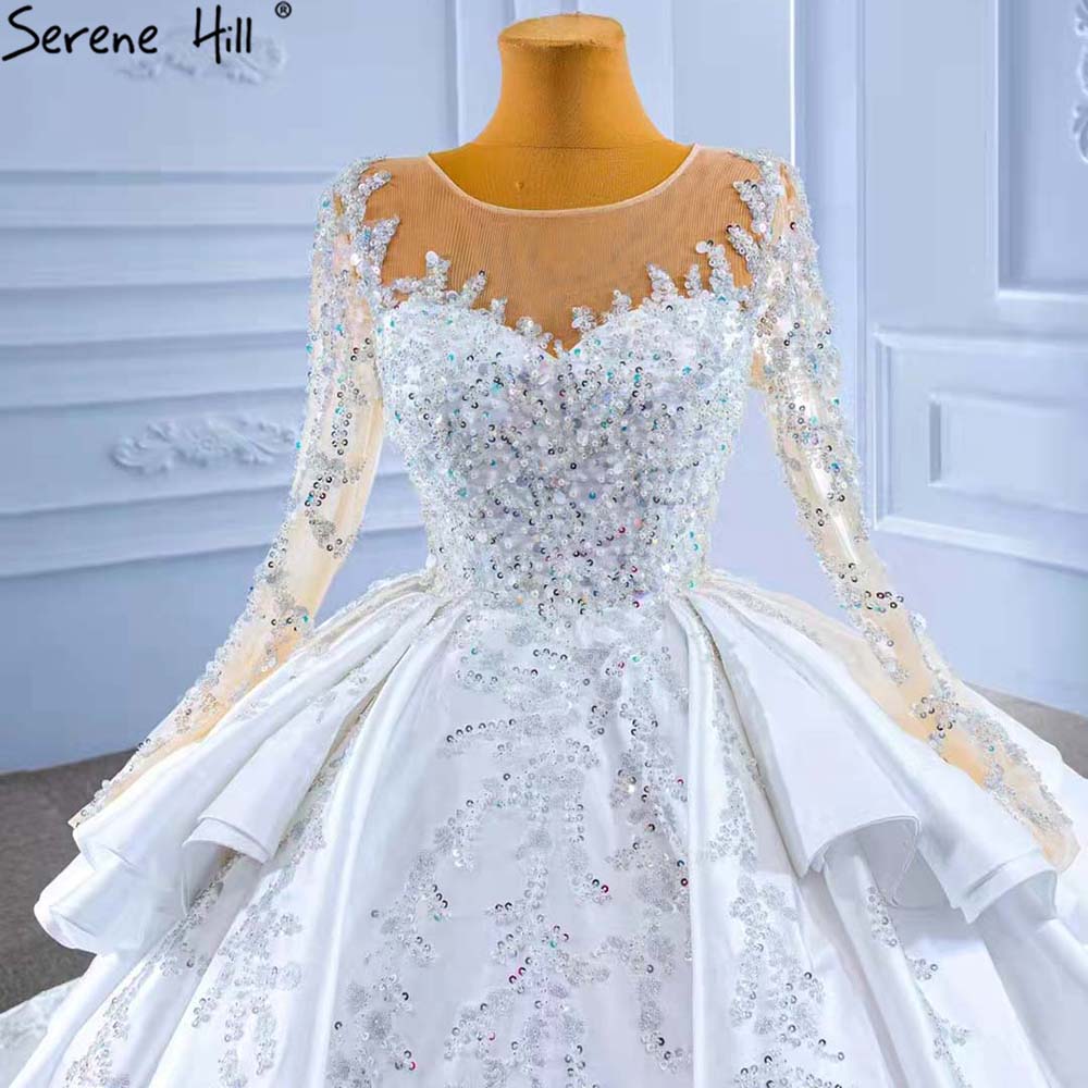 Vestidos de novia musulmanes blancos con volantes y cuentas, 2025, satén de lujo, con cordones, HM67329, hechos a medida 