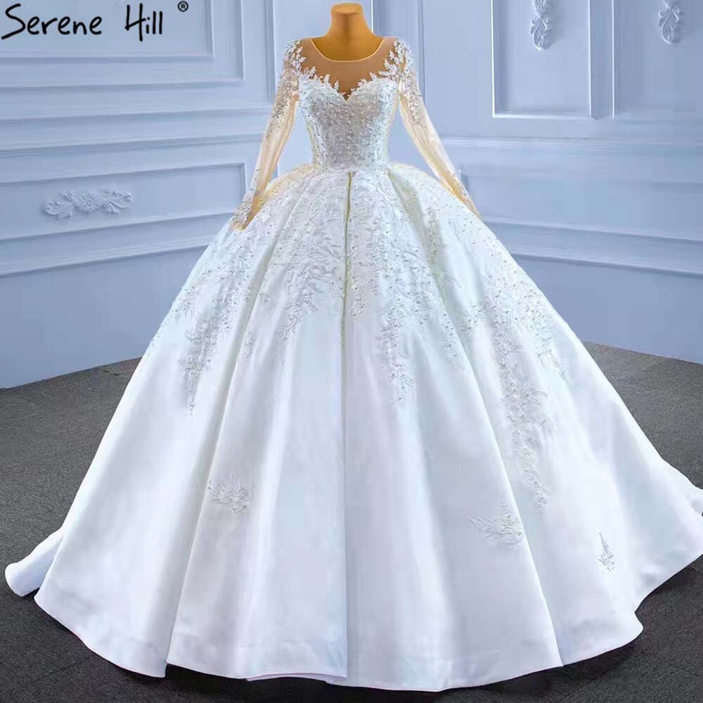 Muslimischen Weiß Satin Brautkleider 2025 Perlen High-end Lace Up Braut Kleider HM67415 Nach Maß 
