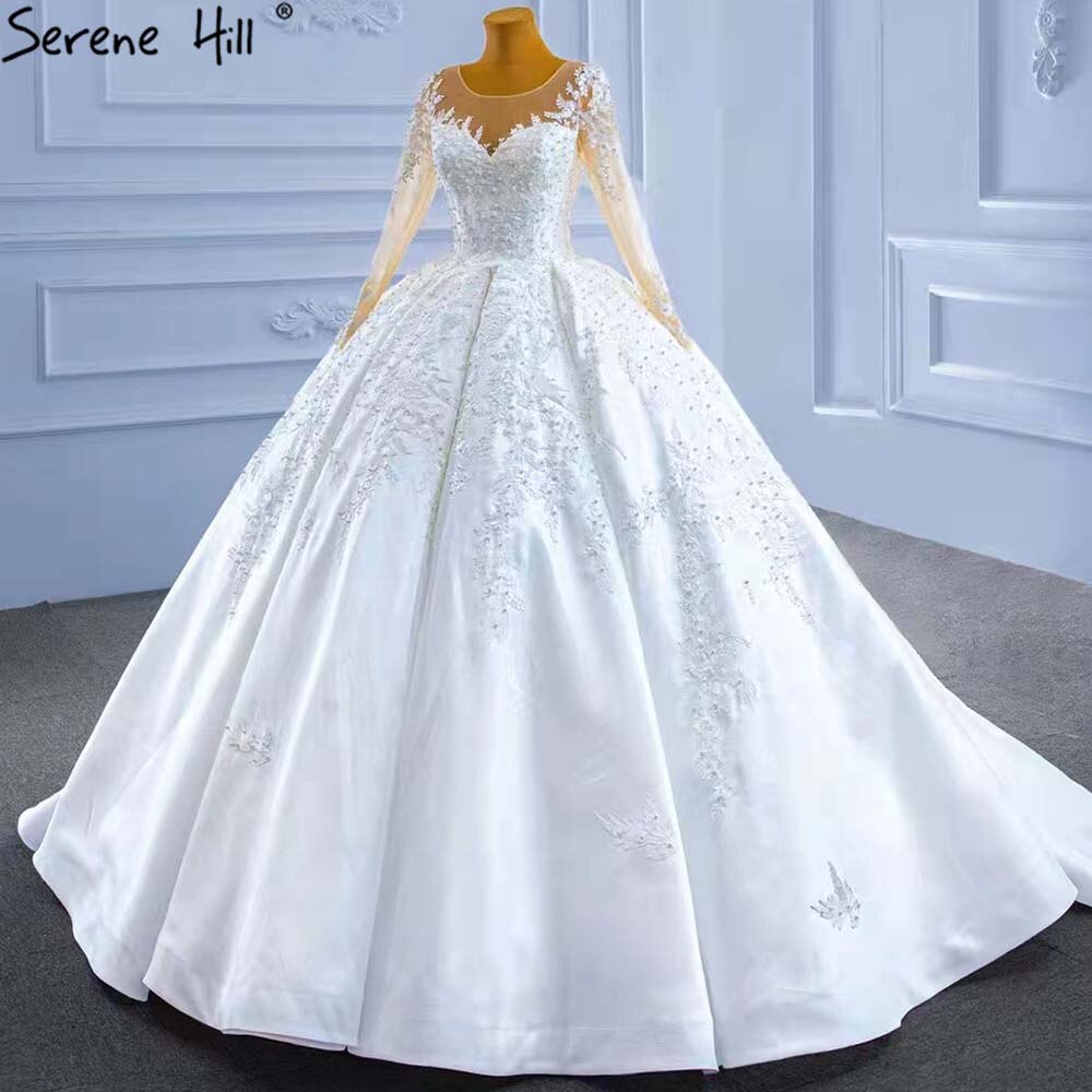 Muslimischen Weiß Satin Brautkleider 2025 Perlen High-end Lace Up Braut Kleider HM67415 Nach Maß 