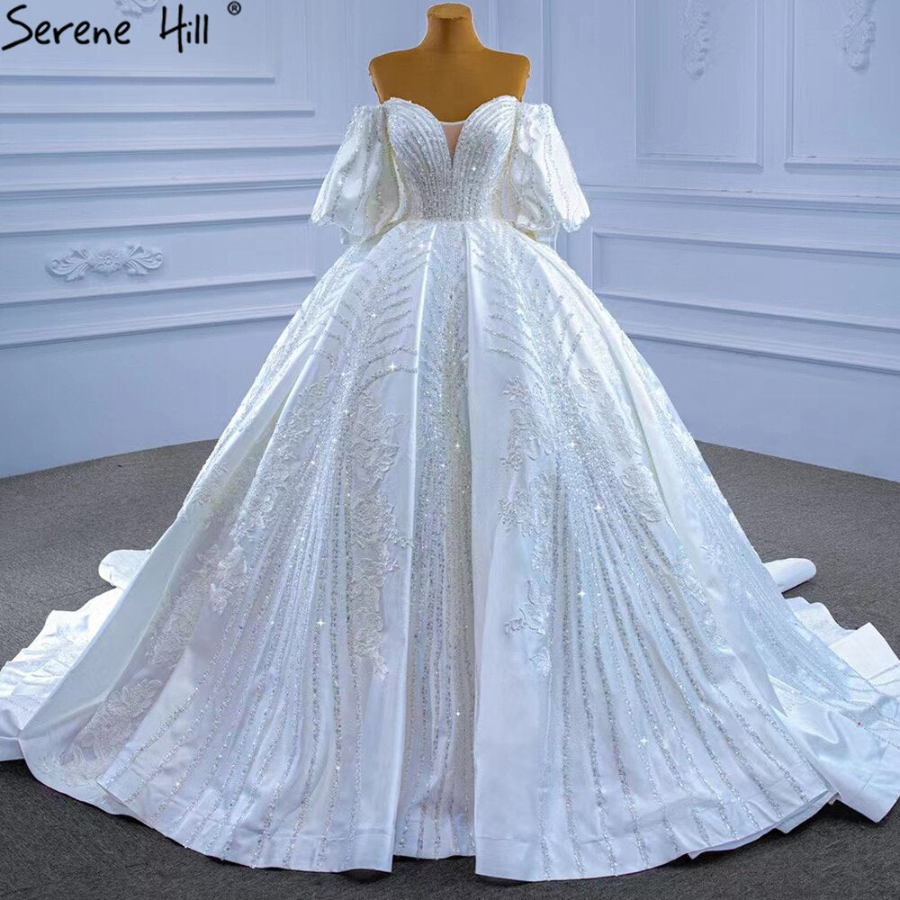 Muslimischen Weiß Satin Brautkleider 2025 Perlen High-end Lace Up Braut Kleider HM67415 Nach Maß 