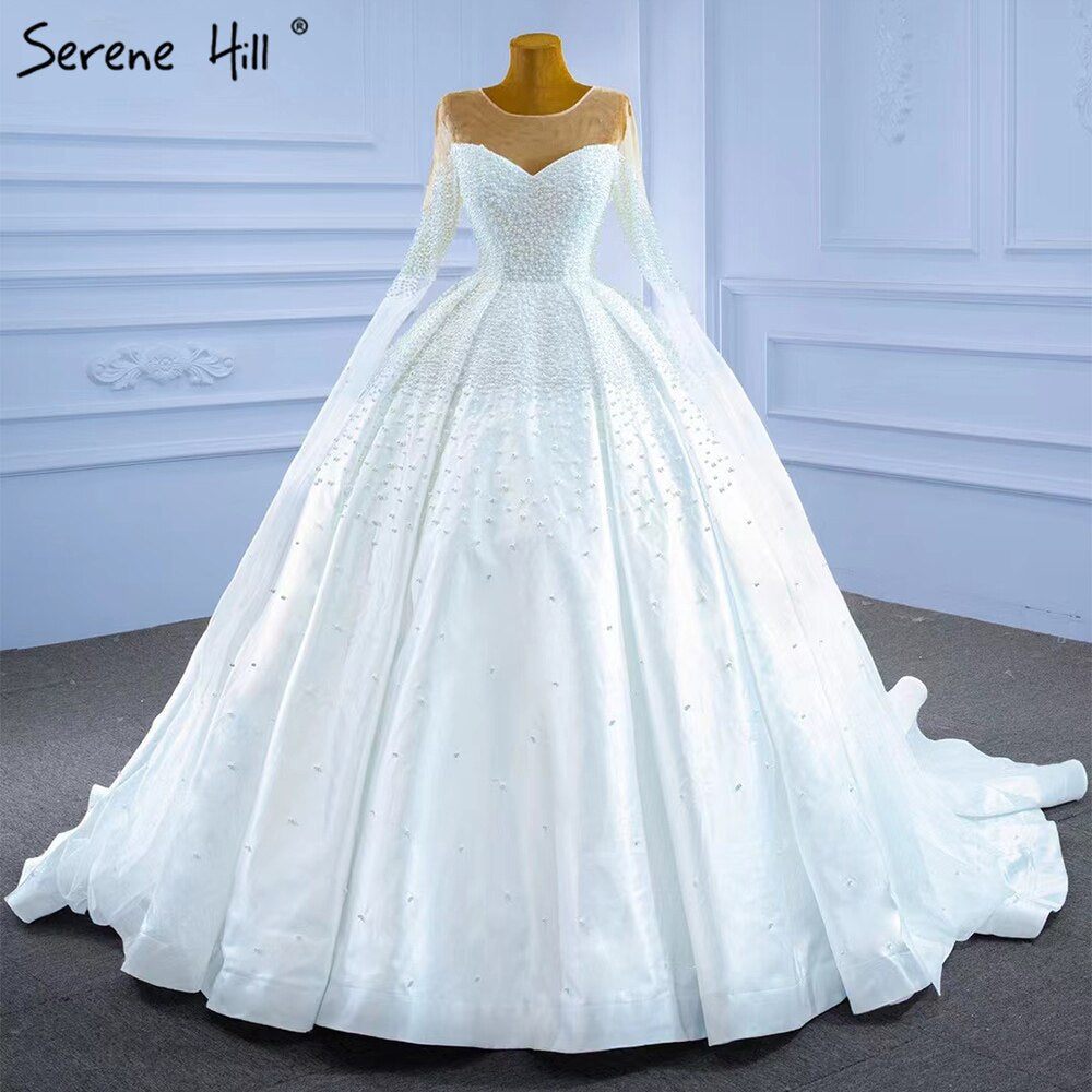 Vestidos de novia musulmanes de satén blanco 2025 con cuentas y perlas, vestidos de novia de alta gama HM67279, hechos a medida 