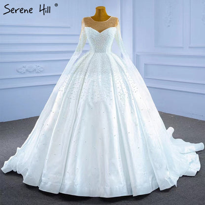 Muslim White Satin Wedding Dresses 2025 Beaded Pearl High-end Bride Gowns HM67279 Custom Made