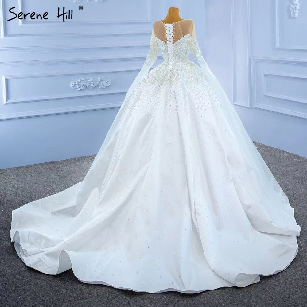 Vestidos de novia musulmanes de satén blanco 2025 con cuentas y perlas, vestidos de novia de alta gama HM67279, hechos a medida 