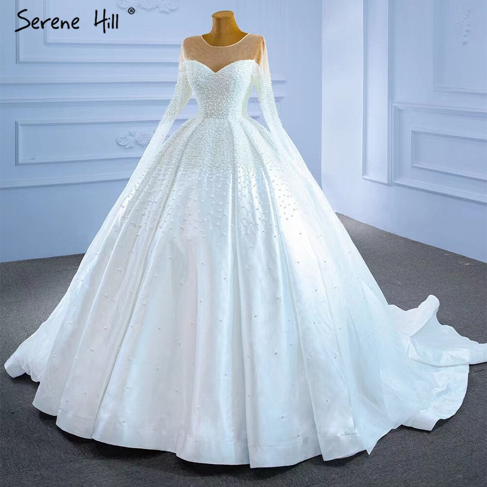 Vestidos de novia musulmanes de satén blanco 2025 con cuentas y perlas, vestidos de novia de alta gama HM67279, hechos a medida 