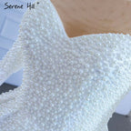 Vestidos de novia musulmanes de satén blanco 2025 con cuentas y perlas, vestidos de novia de alta gama HM67279, hechos a medida 