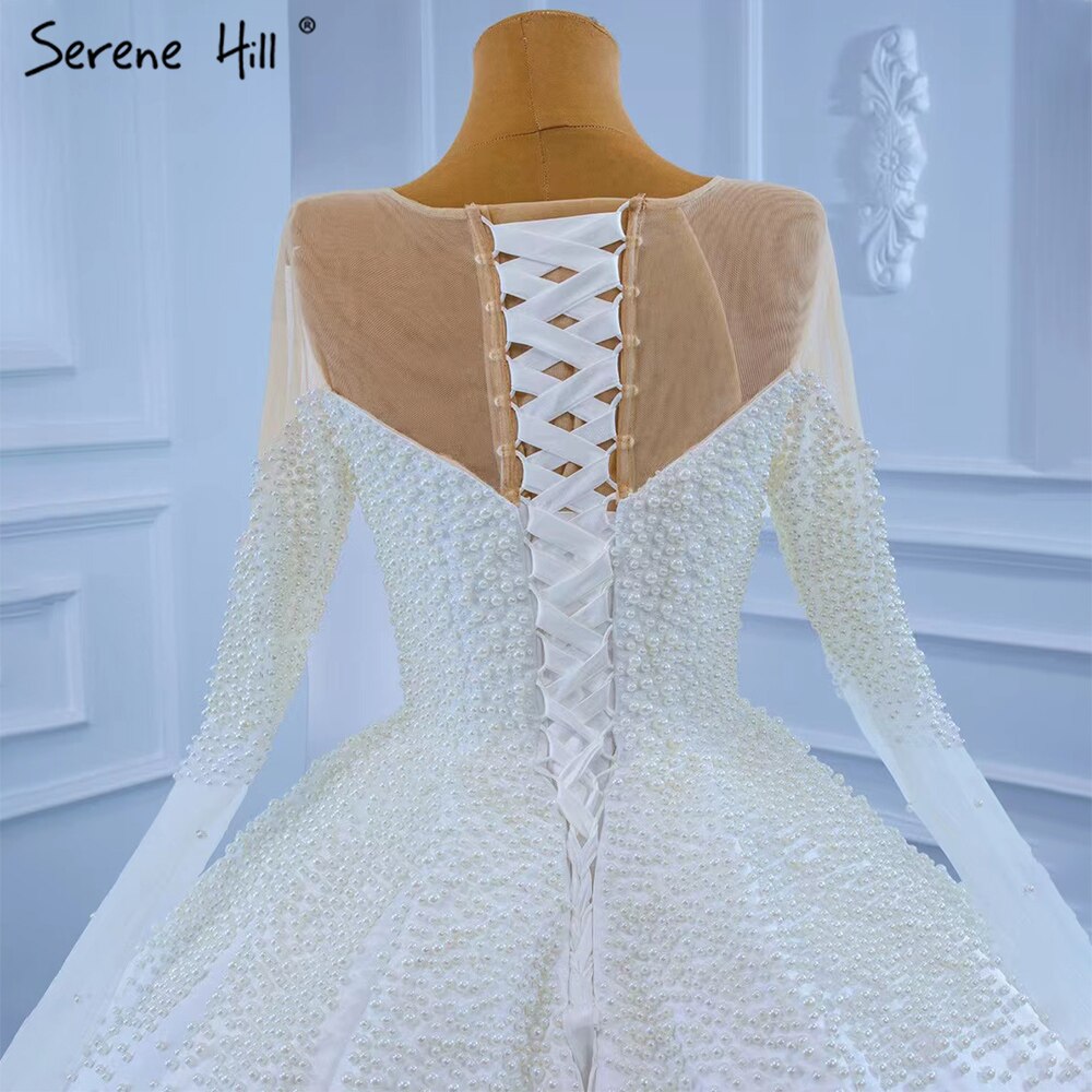 Vestidos de novia musulmanes de satén blanco 2025 con cuentas y perlas, vestidos de novia de alta gama HM67279, hechos a medida 