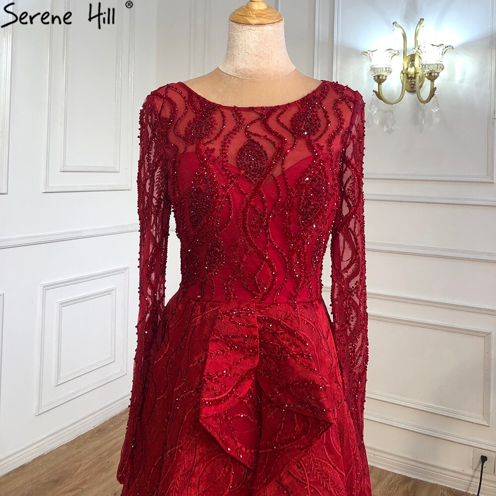 Muslimischen Wein Rot Luxus Abendkleider Kleider 2025 A-Line Perlen Kristall Für Frauen Party LA70967 