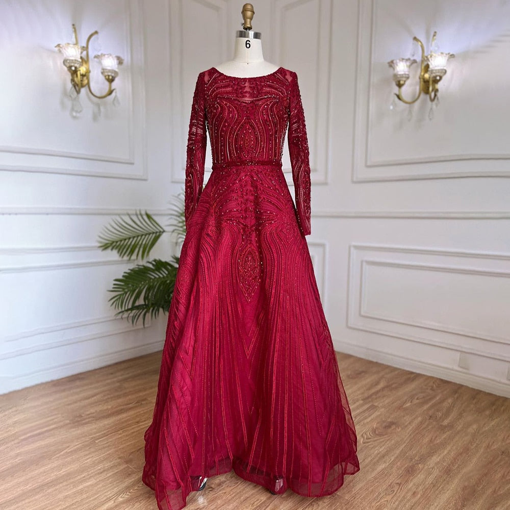 Muslimischen Wein Rot Luxus Abendkleider Kleider 2025 A-linie Perlen Für Frauen Hochzeit Party LA71873 