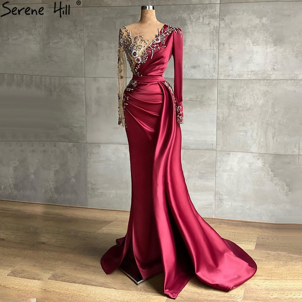 Muslimischen Wein Rot Luxus Meerjungfrau Abendkleider Kleider 2025 Satin Elegante Perlen Für Frauen Party LA70990 