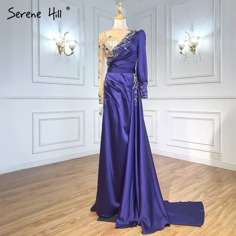 Muslimischen Wein Rot Luxus Meerjungfrau Abendkleider Kleider 2025 Satin Elegante Perlen Für Frauen Party LA70990 