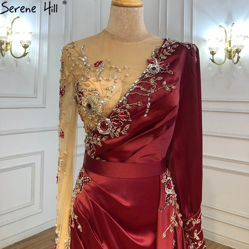 Muslimischen Wein Rot Luxus Meerjungfrau Abendkleider Kleider 2025 Satin Elegante Perlen Für Frauen Party LA70990 