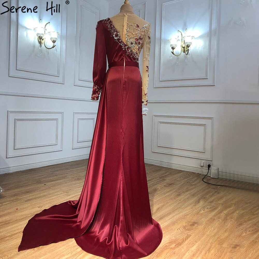 Muslimischen Wein Rot Luxus Meerjungfrau Abendkleider Kleider 2025 Satin Elegante Perlen Für Frauen Party LA70990 