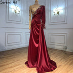 Muslimischen Wein Rot Luxus Meerjungfrau Abendkleider Kleider 2025 Satin Elegante Perlen Für Frauen Party LA70990 