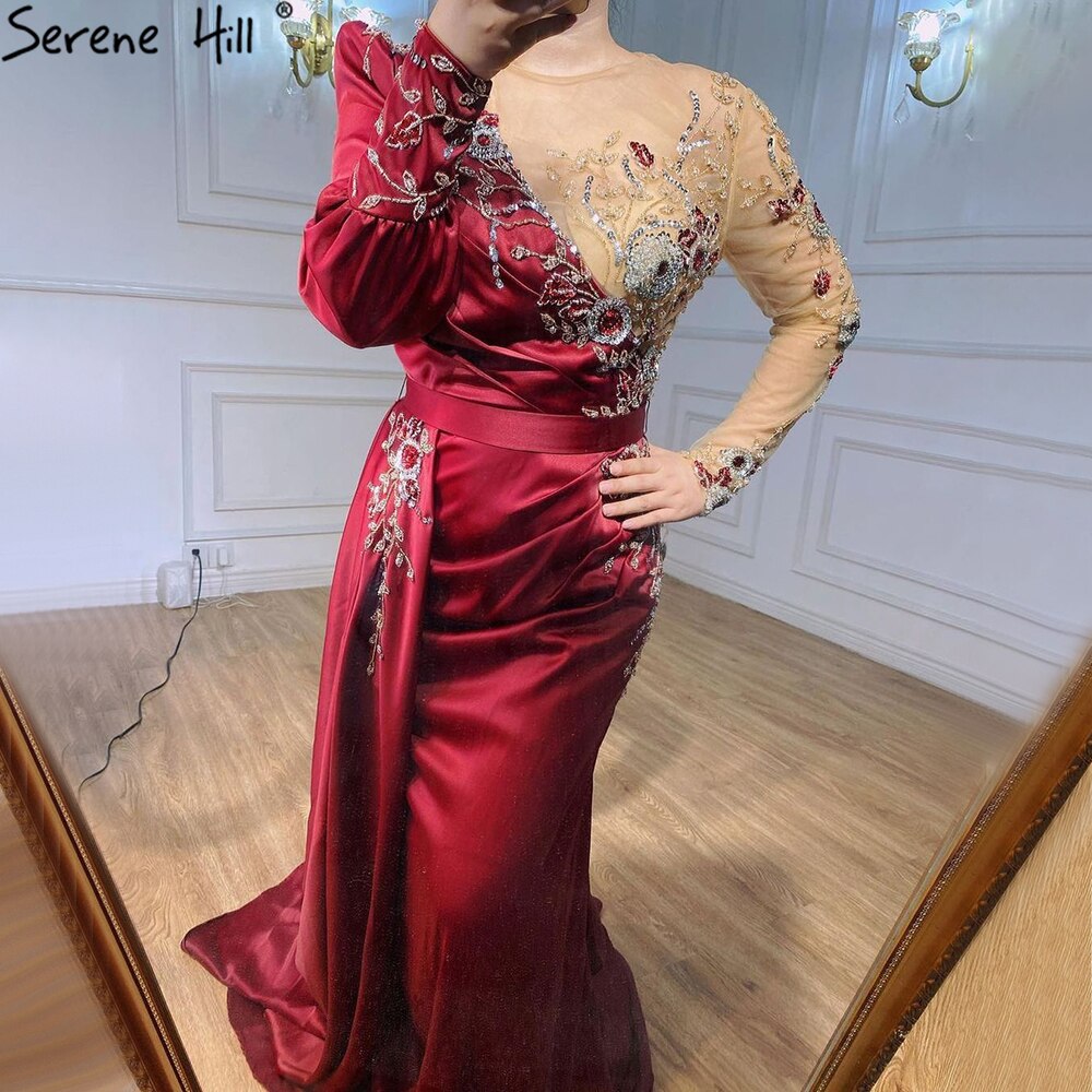 Muslimischen Wein Rot Luxus Meerjungfrau Abendkleider Kleider 2025 Satin Elegante Perlen Für Frauen Party LA70990 