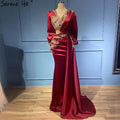 Muslim Wine Red Mermaid Elegant Evening Dresses Gowns 2025 Satin Beaded Luxury For Women Party LA71366