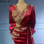 Muslim Wine Red Mermaid Elegant Evening Dresses Gowns 2025 Satin Beaded Luxury For Women Party LA71366