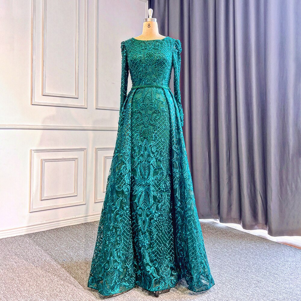 Muslim Wine Red Mermaid Elegant O Neck Luxury Beaded Evening Dresses Gowns 2025 For Woman Plus Size LA70406