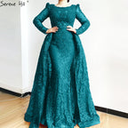 Muslim Wine Red Mermaid Elegant O Neck Luxury Beaded Evening Dresses Gowns 2025 For Woman Plus Size LA70406