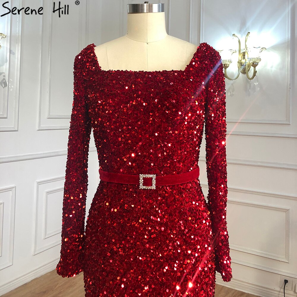Muslimischen Wein Rot Meerjungfrau Abendkleider Kleider 2025 Luxus Langen Ärmeln Elegante Für Frauen Party LA70797 