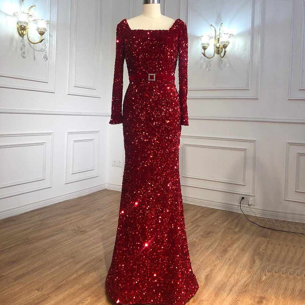 Muslimischen Wein Rot Meerjungfrau Abendkleider Kleider 2025 Luxus Langen Ärmeln Elegante Für Frauen Party LA70797 