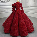 Muslimischen Wein Rot Pailletten Hochzeit Kleider 2025 Lange Ärmeln Luxus Sparkle Brautkleider HA2522 Nach Maß 