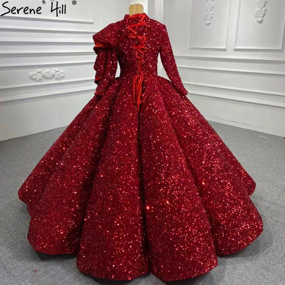 Muslimischen Wein Rot Pailletten Hochzeit Kleider 2025 Lange Ärmeln Luxus Sparkle Brautkleider HA2522 Nach Maß 