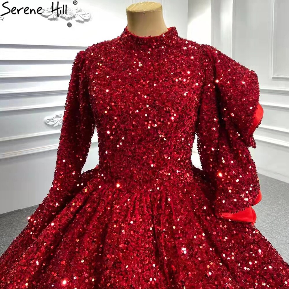 Muslimischen Wein Rot Pailletten Hochzeit Kleider 2025 Lange Ärmeln Luxus Sparkle Brautkleider HA2522 Nach Maß 