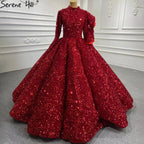 Muslimischen Wein Rot Pailletten Hochzeit Kleider 2025 Lange Ärmeln Luxus Sparkle Brautkleider HA2522 Nach Maß 