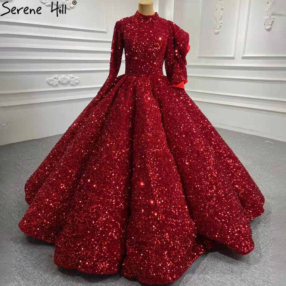 Muslimischen Wein Rot Pailletten Hochzeit Kleider 2025 Lange Ärmeln Luxus Sparkle Brautkleider HA2522 Nach Maß 