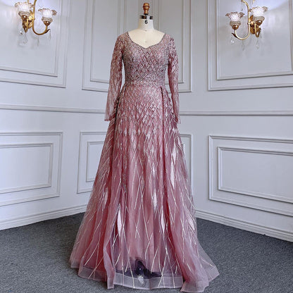 Muslim  grey With Overskirt O-Neck Evening Dresses Gowns Luxury Beaded 2025 For Woman Party LA71723