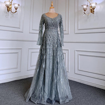 Muslim  grey With Overskirt O-Neck Evening Dresses Gowns Luxury Beaded 2025 For Woman Party LA71723