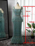 MuslimTurquoise Mermaid  Elegant Evening Dresses Gowns 2025 Luxury Beaded Feather For Women Party LA71722