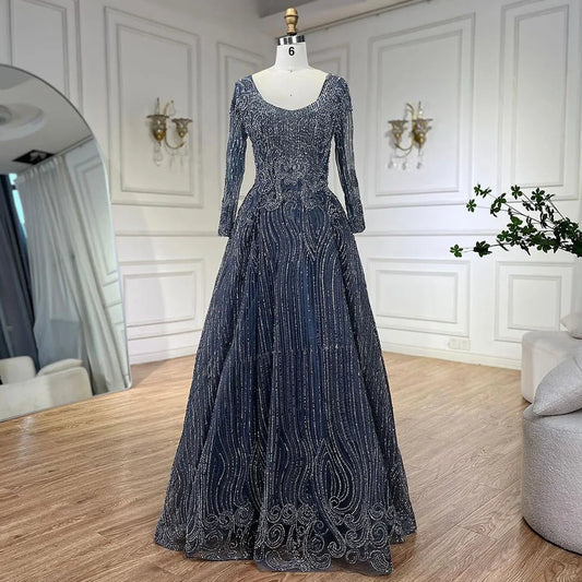 Muslim Navy Blue Overskirt Luxury Dubai Evening Dresses 2025 Elegant A Line Beaded For Women Party LA70773A