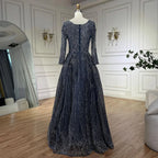 Vestido de noche musulmán azul marino de lujo estilo Dubái 2025, elegante corte en A con cuentas para mujer, fiesta LA70773A 
