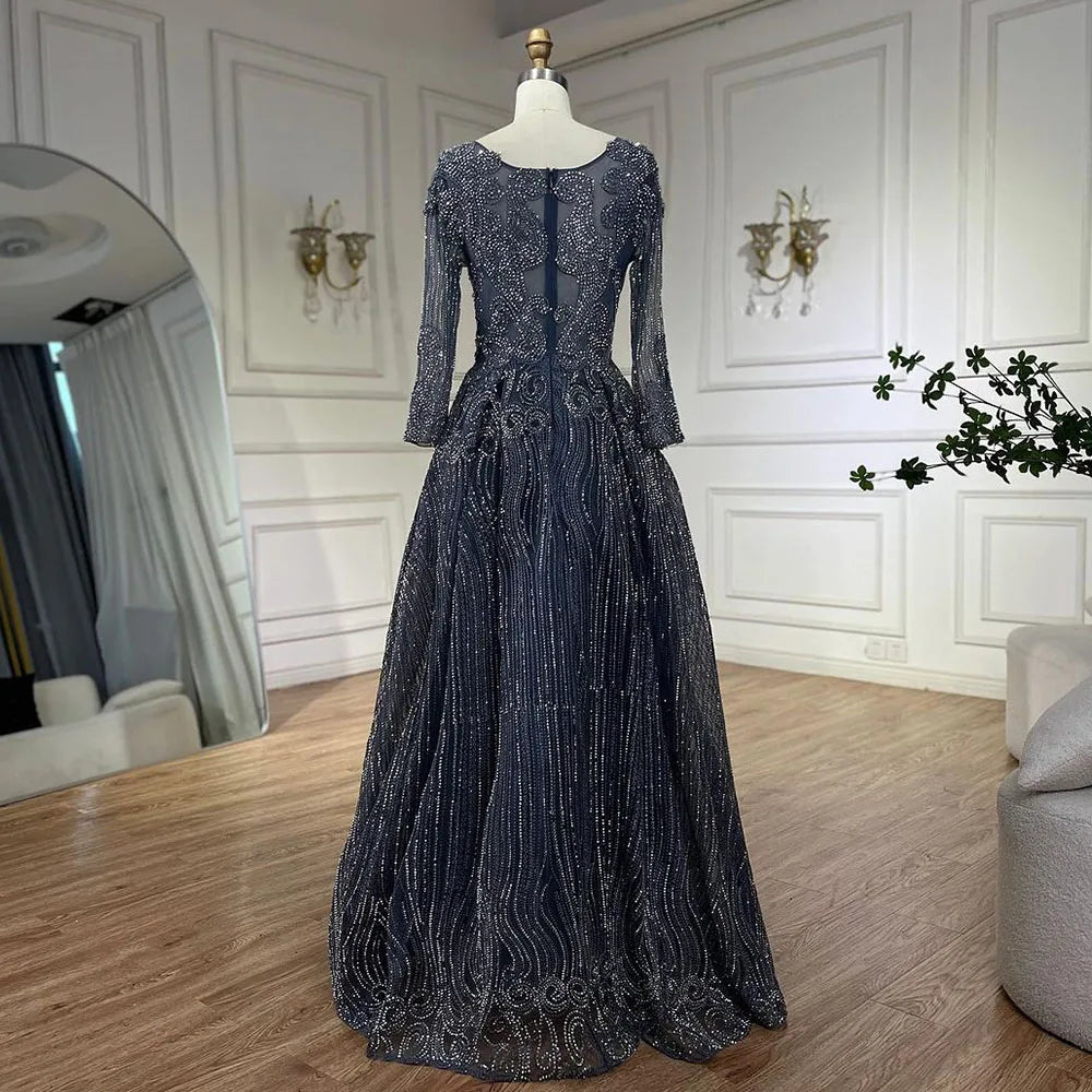 Vestido de noche musulmán azul marino de lujo estilo Dubái 2025, elegante corte en A con cuentas para mujer, fiesta LA70773A 