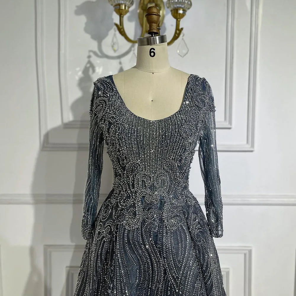 Vestido de noche musulmán azul marino de lujo estilo Dubái 2025, elegante corte en A con cuentas para mujer, fiesta LA70773A 