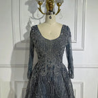 Vestido de noche musulmán azul marino de lujo estilo Dubái 2025, elegante corte en A con cuentas para mujer, fiesta LA70773A 