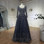 Vestido de noche musulmán azul marino de lujo estilo Dubái 2025, elegante corte en A con cuentas para mujer, fiesta LA70773A 