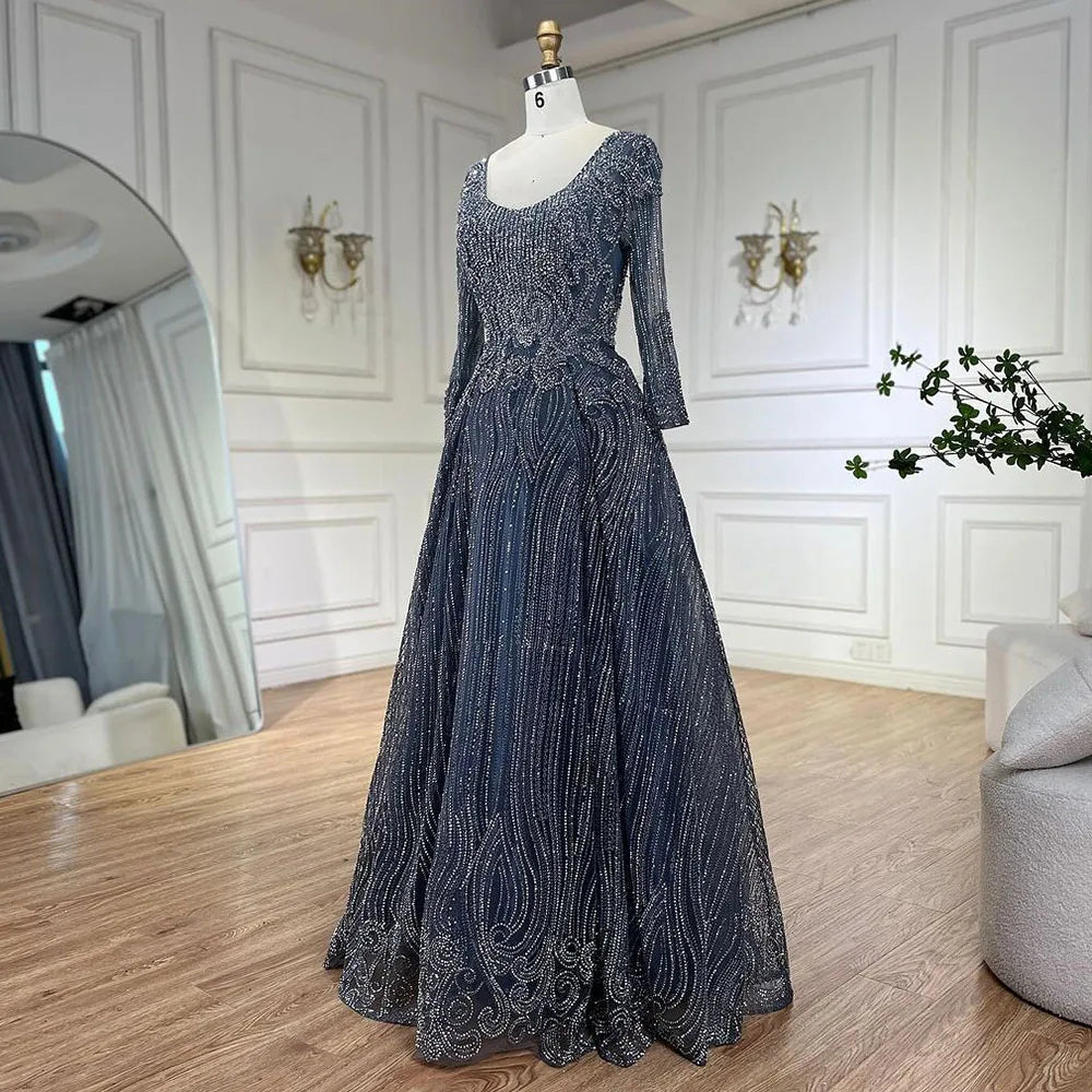 Vestido de noche musulmán azul marino de lujo estilo Dubái 2025, elegante corte en A con cuentas para mujer, fiesta LA70773A 