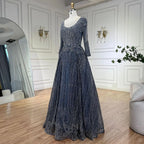 Vestido de noche musulmán azul marino de lujo estilo Dubái 2025, elegante corte en A con cuentas para mujer, fiesta LA70773A 