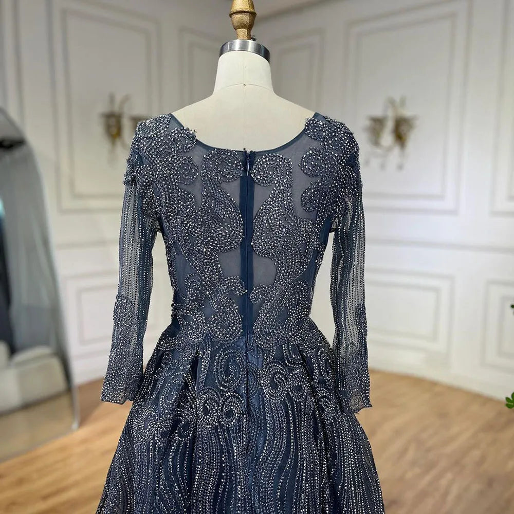 Vestido de noche musulmán azul marino de lujo estilo Dubái 2025, elegante corte en A con cuentas para mujer, fiesta LA70773A 