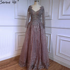Muslimischen Rosa Mit Zug Abendkleider 2025 Elegante A-linie Perlen Luxus Für Frauen Party LA70773 