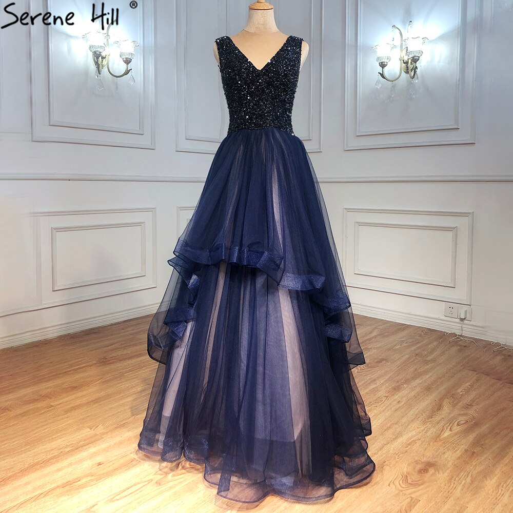 Navy Blau A-linie Abendkleider Kleider 2025 Ärmellose Perlen Sexy Für Frauen Hochzeit Party LA71125 