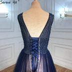 Navy Blau A-linie Abendkleider Kleider 2025 Ärmellose Perlen Sexy Für Frauen Hochzeit Party LA71125 