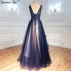 Navy Blau A-linie Abendkleider Kleider 2025 Ärmellose Perlen Sexy Für Frauen Hochzeit Party LA71125 