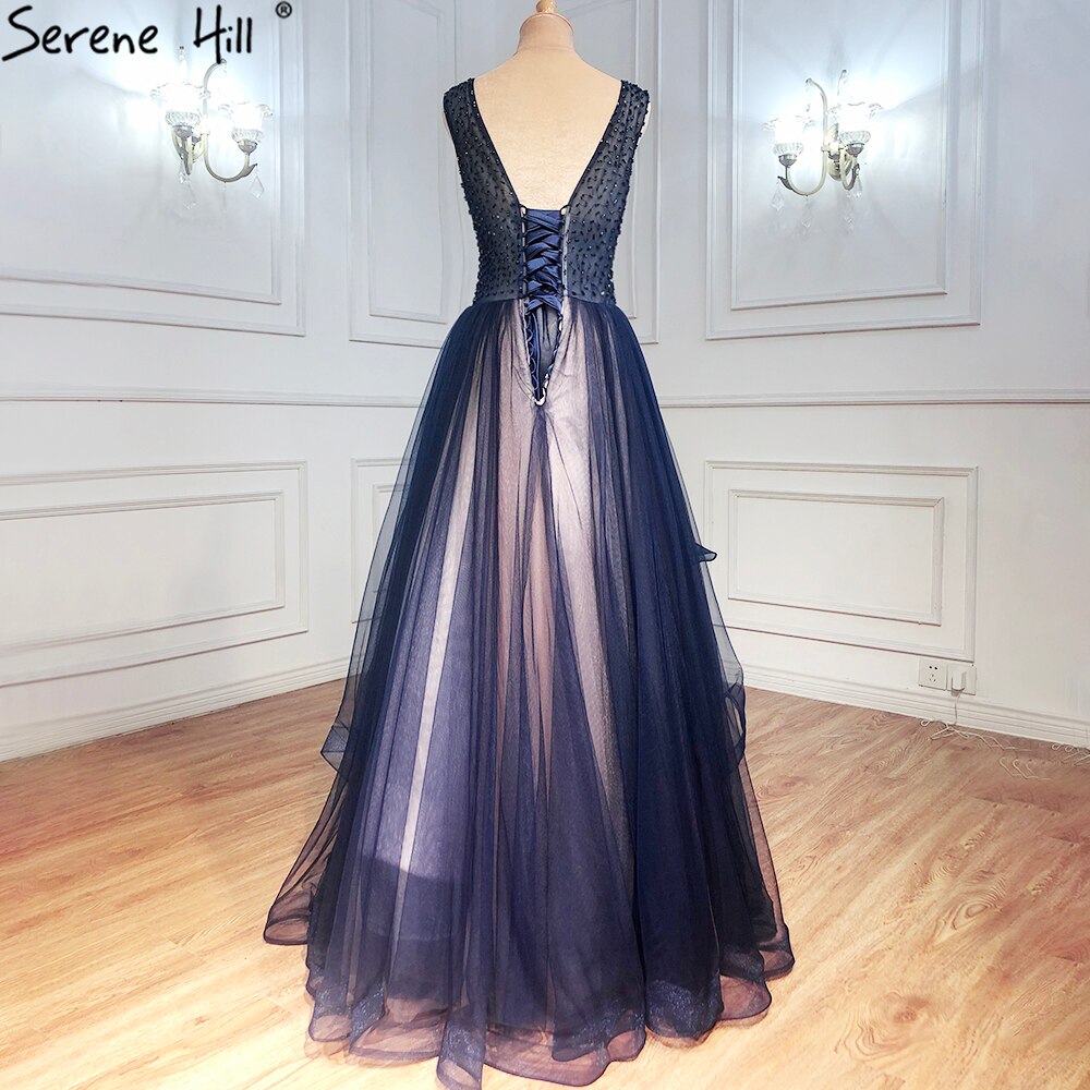 Navy Blau A-linie Abendkleider Kleider 2025 Ärmellose Perlen Sexy Für Frauen Hochzeit Party LA71125 